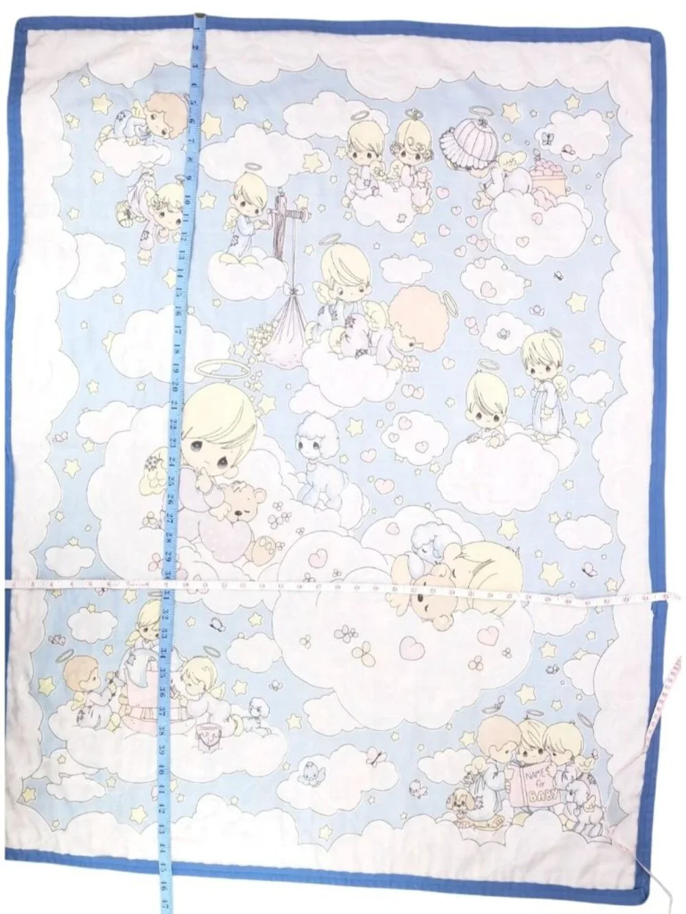 Vintage Handmade Precious Moments Baby Angel Quilt Blanket Blue Double Sided